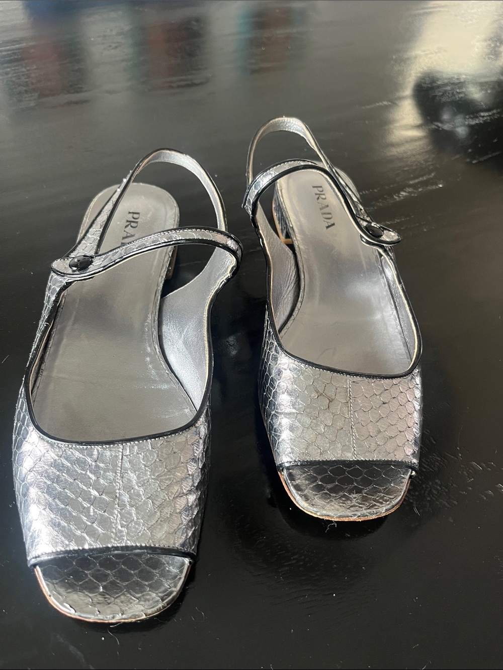 Prada Metallic Silver Peep-Toe Slingback Mules